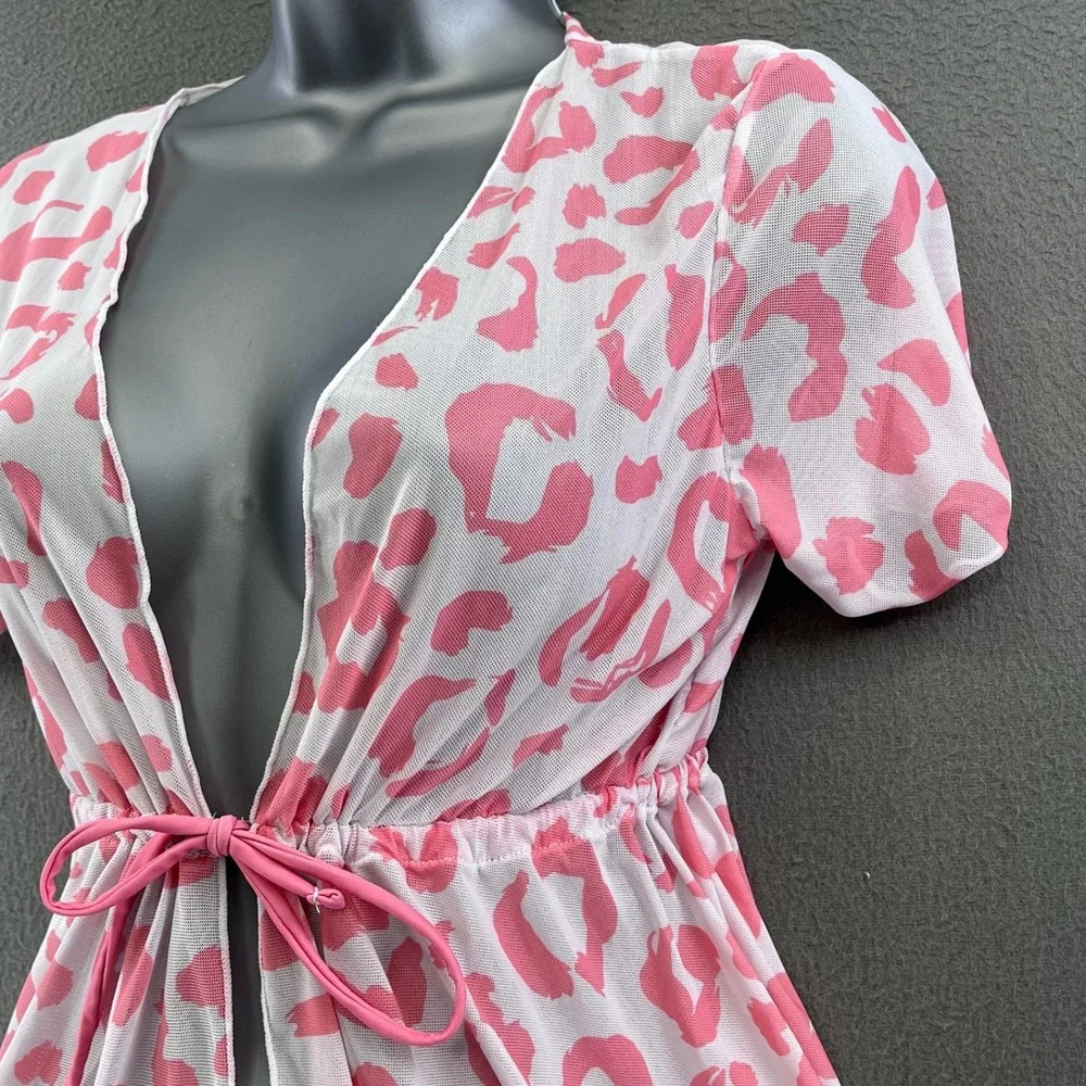 Girls Swim Cover Up Pink Leopard Mesh 11Y Y2K Beach Aesthetic